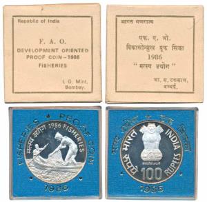 1986 Proof Set, Silver Rupees 100, Fisheries. In immaculate condition, within original pac