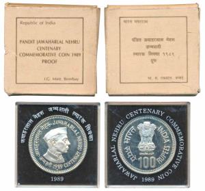 1989 Proof Set, Silver Rupees 100, Jawaharlal Nehru Centenary. In near immaculate conditio