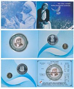 2010 Uncirculated Set, Mother Teresa Birth Centenary, set of 2, Rupees 5 and 100. In immac