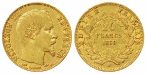 France, Napoleon III, Gold 20 Francs, 6.40g, 1859 A, Paris Mint, obv. bare head, rev. valu