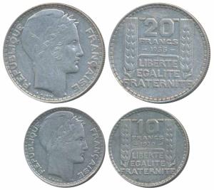 France, Silver 10 & 20 Francs, 9.98g & 20g, 1930 & 1933 (KM 878, 879). Very Fine+. (2)