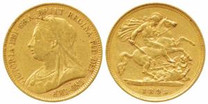 Great Britain, Victoria, Gold ½ Sovereign, 4g, 1893, veiled head bust, rev. St. George sla