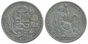 Peru, Silver 1 Sol, 25g, Santiago Mint, 1934 (KM 218). Very Fine.