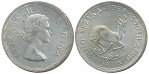 South Africa, Elizabeth II, Silver 5 Shillings, 28.28g, .500 fine, 1958 (KM 52). Extremely
