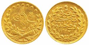 Turkey, Gold 25 Kurush, 1.84g, AH 1327/3, (KM 752). Uncirculated.