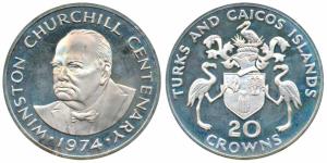 Turks and Caicos Islands, Silver 20 Crowns, 38.7g, 1974, Winston Churchill Birth Centenary