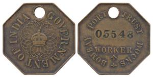 Bombay Port Trust Docks, Octagon Bronze Token, 03548 and a star incused, Worker and an arr