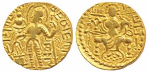 Guptas, Samudragupta (c. 335-380 AD), Gold Dinar, 7.52g, ‘Sceptre’ type, obv. king nimbate