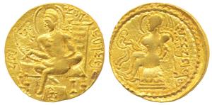 Guptas, Samudragupta, Gold Dinar, 7.63g, Lyrist type, obv. king seated on a high-backed th