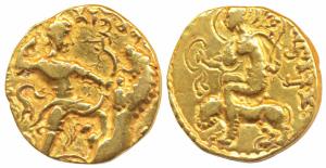 Guptas, Chandragupta II, Gold Dinar, 7.6g, ‘Lion-Slayer’ (lion trampler) type, obv. king s