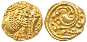 Western Gangas, Gold Gajapati Pagoda, 3.78g, obv. caparisoned elephant to right chewing su