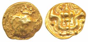 Shilaharas of Kolhapur, (c. 1050-1212 AD) Gold ¼ Pagoda / Double Fanam, 0.78g, obv. orname