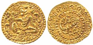 Kadambas of Hangal (1075-1190 AD), Gold Pagoda, 4.23g, obv. Hanuman seated facing with hea
