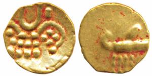 Veera Raya, Coorg, Gold Fanam (2), 0.39g, obv. stylized lion standing right with crescent 