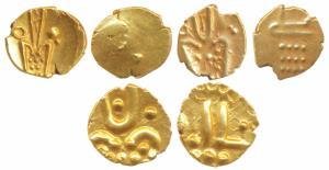 Veera Raya, Coorg, Gold Fanam (1), obv. stylized lion standing right with crescent above; 