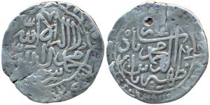 Babur (AH 932-937; 1526-1530 AD), Silver Shahrukhi, 4.38g, mint name off flan, stylization