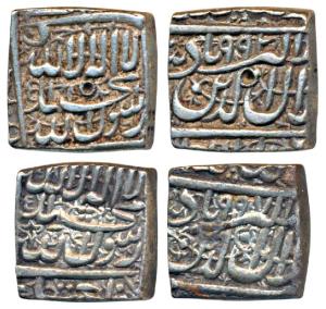 Akbar, Silver Square Rupee, 11.35g and 11.46g, Ahmedabad Mint, Kalima type, AH 992 & 997, 