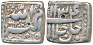 Akbar, Silver Square Rupee, 11.33g, Mintless and Monthless type, Year 34 (KM 91.1). Very F
