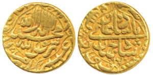 Shah Jahan, Gold Mohur, 10.91g, Akbarabad Mint, AH 1050/13, Kalima within quatrefoil on ob
