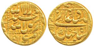 Shah Jahan, Gold Mohur, 10.89g, mint name off flan, stylization that of Burhanpur Mint, AH