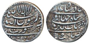 Shah Jahan, Silver Rupee, 11.46g, Surat Mint, AH 1038, legend in four lines on both sides.