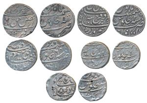 Farukhsiyar, Silver Rupee (5), Arkat Mint, RY 8; Itawa Mint, AH 1125/2; Lucknow Mint, RY 6