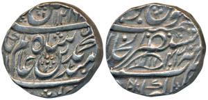 Akbarabad Mint, Silver Rupee, 11.1g, in the name of Shah Alam II, AH 1216/43, fish on rev.