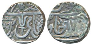 Jalaun MInt, Silver Rupee, in the name of Shah Alam II, a damru and an axe head next to a 