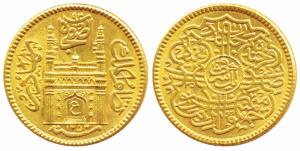 Mir Usman Ali Khan (AH 1329-1367; 1911-1948 AD), Gold Ashrafi, full ‘Ain’ in doorway of Ch