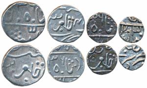 Dulep Singh (AH 1241-1281; 1825-1864 AD), set of 4, Silver Rupee, ½, ¼ and 1/8, AH 1236 fr