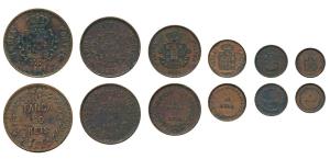 Goa, Colonial Issues, Copper Set of 6, 60 Reis or Tanga, 30 Reis or ½ Tanga, 15 Reis or ¼ 