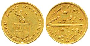 Gold Rupees 5 or 1/3 Mohur, 3.86g, company arms with a lion holding the crown on obv., No 