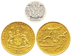 Gold Mohur (Ashrafi), 11.62g, 1820, coat of arms of the EIC on obv., Persian legend on rev