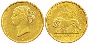 Victoria Queen, Gold Mohur, 11.66g, 1841, Divided legend, WW incused on truncation, cross 