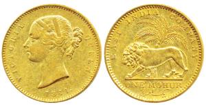 Victoria Queen, Gold Mohur, 11.66g, 1841, Divided legend, WW incused on truncation, cross 
