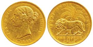 Victoria Queen, Gold Mohur, 11.66g, 1841, Divided legend, WW incused on truncation, cross 