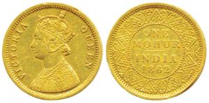 Victoria Queen, Gold Mohur, 1862, obv. single flower in bottom panel of jabot, V in relief