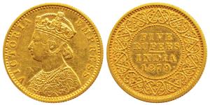 Victoria Empress, Gold Rupees 5, 1879, Mature Bust, Bombay Mint, (Prid 45). Proof Restrike