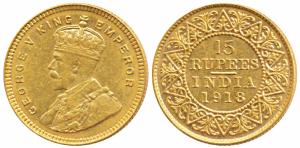 George V, Gold Rupees 15, 1918, Bombay Mint, (Prid 25, KM 525). About Extremely Fine.