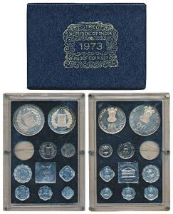 1973 Proof Set, Grow More Food, set of 9, 1 Paisa to Rupees 20 (except Rupee 1). Within or