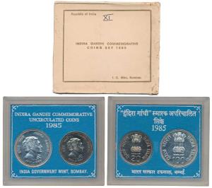 1985 Uncirculated Set, Death of Indira Gandhi, set of 2, Rupees 20 and 100. In near immacu
