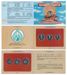 1991 Proof Set, India Tourism Year, set of 3, Rupee 1, 2 & 5. In immaculate condition, wit