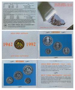 1993 Uncirculated Set, Quit India Movement, set of 4, Rupee 1, 10, 50 & 100. immaculate co