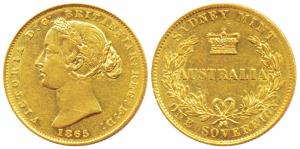 Australia, Victoria, Gold Sovereign, 8g, 1865, Laureate head, Sydney Mint, (KM 4). Very Fi