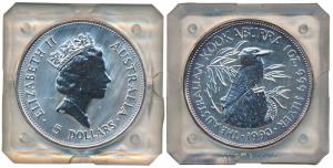 Australia, Elizabeth II, Silver 5 Dollars, 31.1g, 0.999 oz, 1990, rev. Kookaburra bird (KM