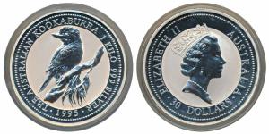Australia, Elizabeth II, Silver 30 Dollar, 1 Kilo, 1995, rev. Kookaburra bird (KM 271). Pr