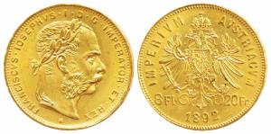 Austria, Franz Joseph I, Gold 8 Florins, 20 Francs, 6.9g, 1892 (KM 2269). Uncirculated.