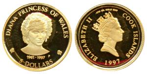Cook Islands, Elizabeth II, Gold 5 Dollars, 1.24g (1/25 oz), Lady Diana 1961-1997 (KM 312)
