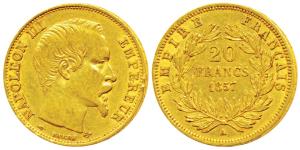 France, Napoleon III, Gold 20 Francs, 6.43g, 1857 A, Paris Mint, bare head (KM 781.1). Ver