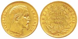 France, Napoleon III, Gold, 6.4 g, 20 Francs, 1860A, Paris Mint, obv. bare head, rev. valu